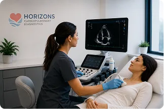A sonographer performing an echocardiogram, with the heart image on the ultrasound screen