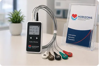 A Holter monitor and its lead wires on a clinic counter