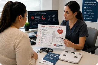 A clinician reviewing a cardiac risk factor chart with a patient